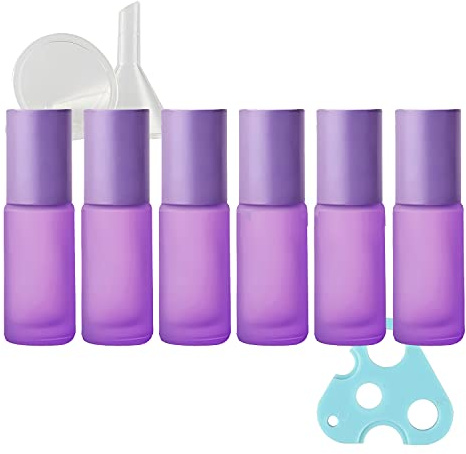 TIANZD 6 Stück Leere 5ml Matt Lila Glas Roller Flaschen mit Alu Schraubverschluss, Roll-On Glasflaschen mit Glasroller für Ätherische Öle Essential Oil mit Trichter Öffner