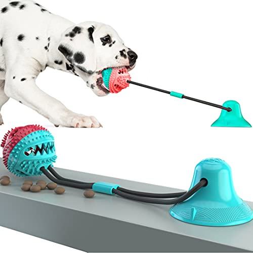 WM Dog Suction Cup Chew Toy, Eco-friendly Sucker Rope Pet Molar Teeth Cleaning Bite Ball Made Of TPR+Nylon, Multifunction Pet Food Dispensing Chew Toy Of S:40cm, W:200gm. (Red & Blue)