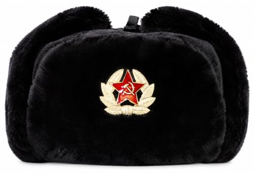 FAIRY TRENDZ LTD Russische Trappermütze mit Abzeichen, Einheitsgröße, Kunstfell, Uschanka-Kosaken-Ohrenklappen, warme Wintermütze