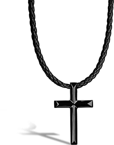SERASAR Collier en Cuir avec Croix pour Homme, Noir Chrétienne Pendentif Acier Inoxydable Homme 60cm, Cadeau Petit Ami, Mari