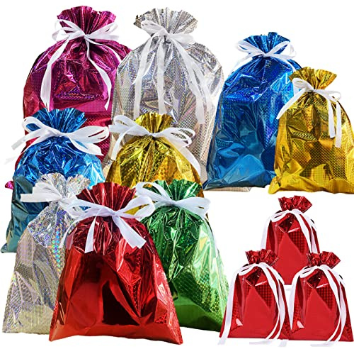 12 Pack Solid Color Foil Gift Bag Multipack Drawstring Gift Bags,6 Color Shimmer Wrapping Bags,Jumbo Xmas Bag,Reusable Large Christmas Foil BagsGift Wrapping Bagfor Presents Birthday Wedding Party