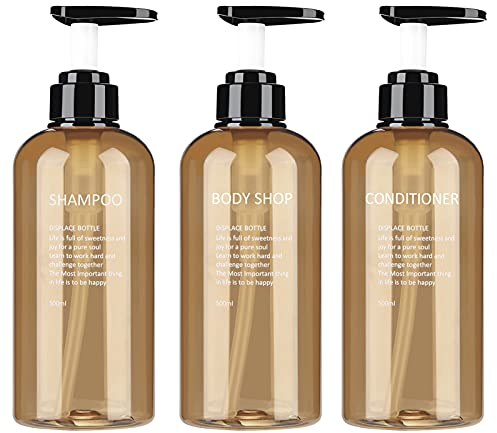 HANQIAN 3pack Empty Shampoo Bottles, 500ml Plastic Soap Dispenser with Lotion Pump Refillable Conditioner Body Wash Squat Containers Set for Bathroom Shower Toilet (Yellow), 7x7x18cm