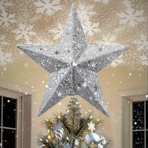 IPOW LED Snowflake Projector Star Christmas Tree Topper, 11.3 Inch Silver Glittered Star Treetop Lighted Rotating Snow Flake for Christmas New Year Holiday Decoration, Night Light Projector for Kids