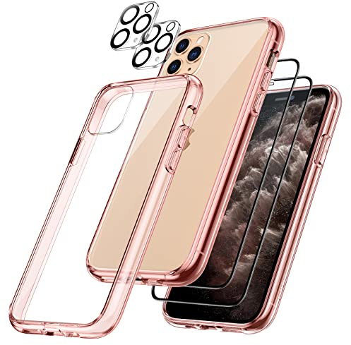 JETech 5 in 1 Hülle für iPhone 11 Pro 5,8 Zoll, mit 2 Stück Schutzfolie und 2 Stück Kameraschutz, Full Screen Panzer Schutz Glas Folie Displayschutz Kamera, Stoßfest Handyhülle (Roségold)