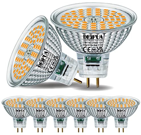 DEIFUA GU5.3 LED Lampe Warmweiß 615 Lumen 6,5W Ersetzt 50W MR16 Halogen Glühbirne, 6er-Pack, AC/DC 12V Flimmerfrei Leuchtmittel, 2700K Strahler, 120°-Abstrahlwinkel Spot, Nicht Dimmbar Reflektorlampe