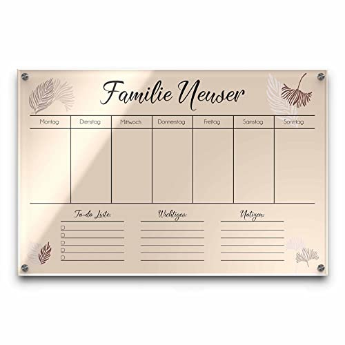 Wochenplan abwischbar für die Familie aus Acrylglas - individuell bedruckter Familienplaner mit Wunschtext - großer Acryl Kalender zum beschriften - Haushaltsplan Woche - ca. 60x40 cm