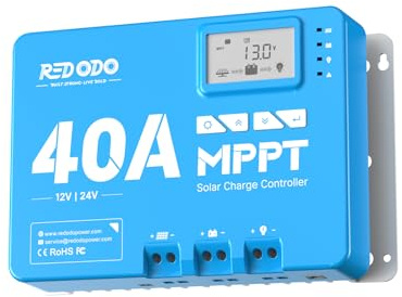 Redodo 40A 12V/24V MPPT Solarladeregler(Bluetooth), max. 100V PV-Eingang | Max. 1200W/24V, 600W/12V PV-Eingangsleistung, einstellbares LCD-Display für Solarmodule, Wohnmobil, Hütte & Off-Grid-Systeme