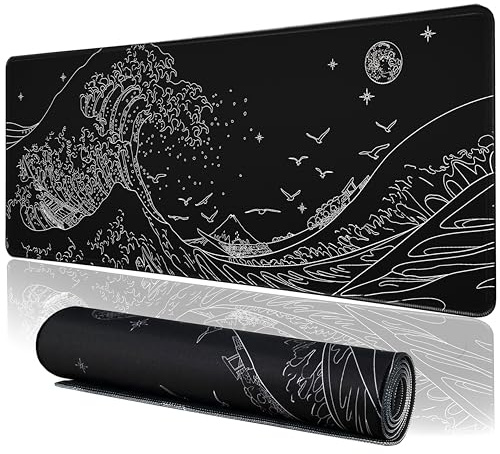 MEWOOCUE® Grand Tapis de Souris de Jeu, Motif Vagues de Mer, XXL, Imperméable, Antidérapant pour Bureau
