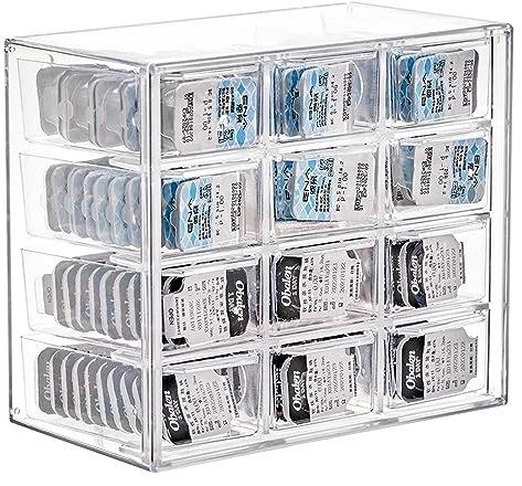 MUQING Daily Contact Lens Case Storage Box, 12 Compartments, Transparent Plastic Drawer Organizer, Unisex, Carrier Bag Case