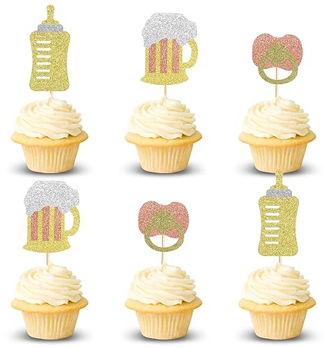 Arthsdite 24 decorazioni per cupcake a forma di boccale di birra, biberon, cupcake, tifosi per festeggiare baby shower, feste di compleanno, decorazioni per torte – glitter oro