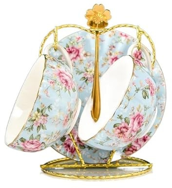 Service à Café Service à thé fleurs tasse à café en céramique Style costume tasse à thé et soucoupe à bord doré de haute qualité avec une cuillère Porcelaine Anglaise ( Size : 220ml , Color : 2 piece