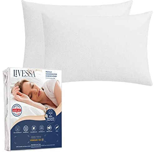 LIVESSA wasserdichter Kissenbezug 40x60 cm (2er Pack) - Kissenschoner mit Reißverschluss, Pillow Protector, Anti-Milben, Oeko-Tex Zertifiziert, Atmungsaktiv,%100 Baumwolle Oberfläche