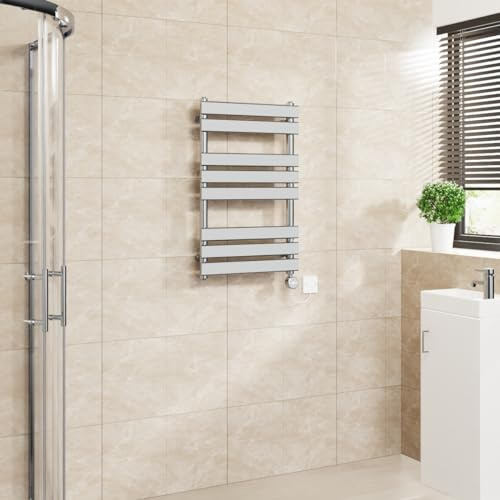 Warmehaus Flat Panel Electric Towel Rail Touch Screen Chrome 800x500mm | Timer, Thermostatic, Mild Steel, 3 Operating Modes, LCD Display, Dual Fuel, Bathroom Ladder Radiator, Prefilled