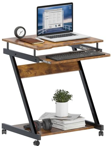 SogesPower Petit Bureau Mobile pour Ordinateur, Table Bureau Ordinateur avec Roues Verrouillables et Plateau pour Clavier, 60 x 46 x 73 cm, Marron