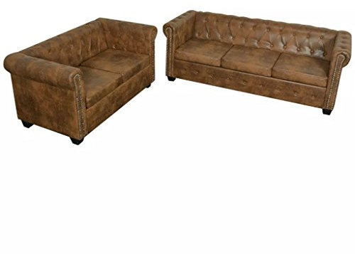 Homgoday Chesterfield-Sofa, 2-Sitzer + 3-Sitzer, Kunstleder, luxuriös und weich, für Wohnzimmer, Holzrahmen, Sofa aus PU-Leder, leicht zu reinigen, braun