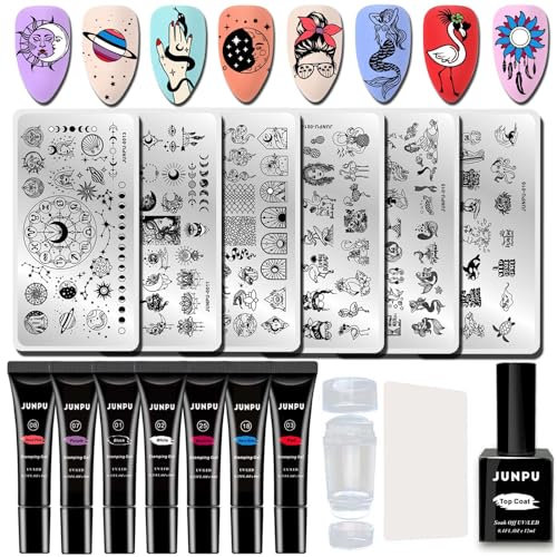 Stamping Gel Nagellack nagelstempel Set, 7 Farben mit 6pcs nagel stempel nageldesign, french nails stempel nail stamp UV Stamping Gel nagel stempelset, Stampers mit Schabern Maniküre Nagel Werkzeug