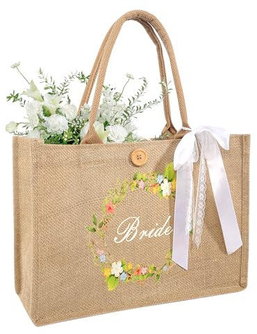 YGKYMVW Bride Jute Tragetasche, Jute Shopper Bag Frauen mit Schriftzug Bride und Weiß Schleifenband, Brauthandtasche aus Jute Braut Geschenk für Brautjungfern Damen Freunde zum Geburtstage Hochzeit