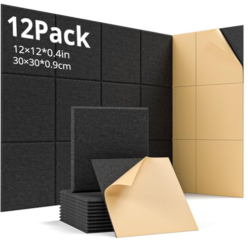 Woovio Panneau Acoustique 12pcs Anti Bruit Panneau Acoustique Mural Auto-Adhésif Haute Densité Panneaux Acoustiques 30 x 30 x 0,9 cm pour Décoration de Bureaux, Studio, D'Enregistrement (Nero)