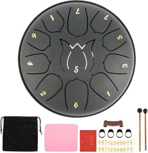 IXTIX Rain Drum Outdoor, Steel Tongue Drum (18,5 * 16,5cm,11 Noten) Zungentrommel D Dur Lotus-Modell Handpan Instrument, Alloy Stahlzungentrommel, Meditation Klangheilung für Anfänger (Schwarz)