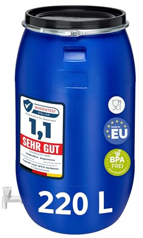 Garronda tanica acqua con rubinetto da 220 litri con coperchio, serbatoio in plastica HDPE per uso alimentare, perfetta per la conservazione di acqua, alimenti o come bidone per il giardino GD-0091