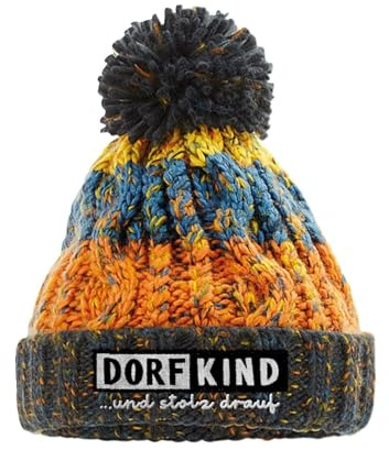 tshirtladen Bommelmütze mit Stickerei Dorfkind und stolz Drauf aus mehrfarbigem Strick mit Zopfmuster doppellagig warm gefüttert mit Thermalband Unisex Wintermütze