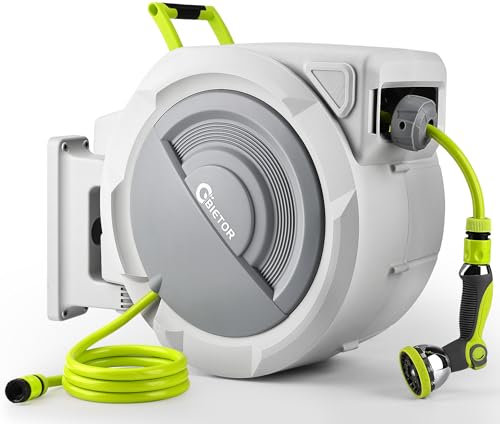 Bietor Wandmontage Schlauchtrommel 45m + 2m, Automatik-Aufrollung, Längenstopp, 180° Schwenkhalterung & 10 Sprühmodi für Garten, Rasen & Autowäsche