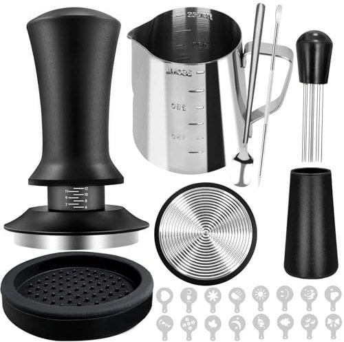 22 PCS Coffee Tamper Set, Espresso Accessories Barista Kit, with 51mm Espresso Tamper, WDT Tool, Frothing Pitcher(350 ml), Latte Art Pen, Coffee Stirrer, Tamper Mat, 16 Coffee Stencils