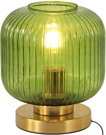 Mid Century Moderne Tischlampe Grüne Tischlampe Dimmbare gerippte Glas Nachttischlampe Moderne Globe Schreibtischlampe Kleine Vintage Nachttisch Lampe mit Plug-in Stil für Schlafzimmer Wohnzimmer Büro