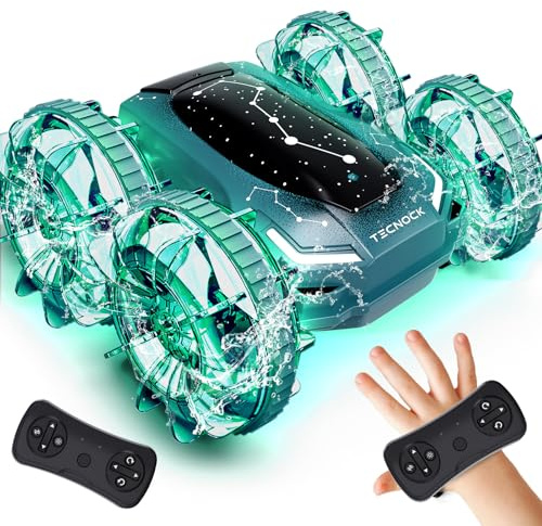 Tecnock Amphibisches Ferngesteuertes Auto Boot, 4WD Gestensteuerung RC Auto mit Magnetischem Laden, 60 Min Laufzeit, LED Lichter, Poolspielzeug für Kinder von 6-12 Jahren, Geschenk für Jungen, Mädchen