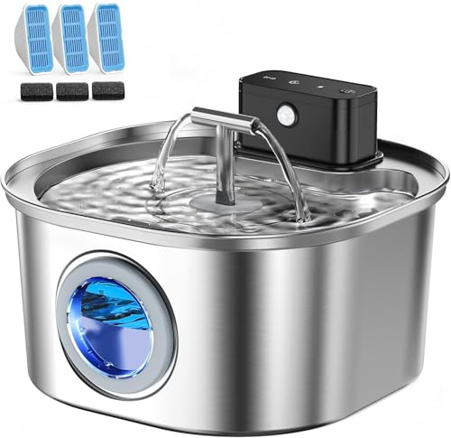 Edelstahl-Katzenbrunnen mit 3 Betriebsmodi: 3,2L kabelloser Trinkbrunnen für Katzen, Ultra-leise Pumpe & Doppeldüsen-Design – mit 3 Sätzen Filtern