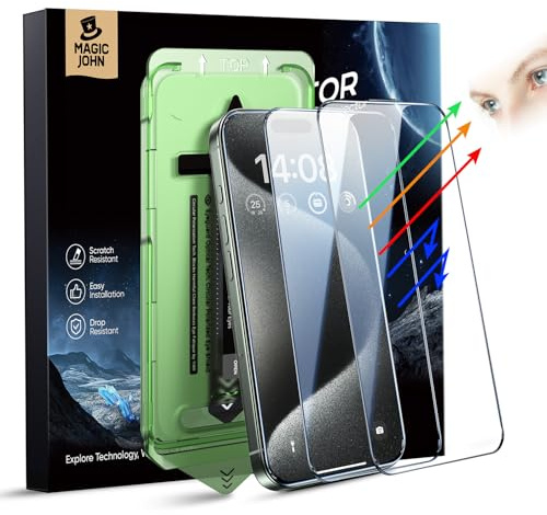 MAGIC JOHN 2 Stück für iPhone 15 Pro Max (6,7 Zoll) Displayschutz Augenschutz Anti-Blaulicht, HD Klar, Auto Dust-Elimination, 9H-Gehärtetes Glas & Kratzresistenz, Vollständige Kantenabdeckung