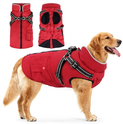 Woiil Hundemantel Hundejacke Wintermantel für Grosse Hunde, Hundemantel Winter mit Geschirr, Hunde Wintermantel Kostüm Ärmellose Baumwolle Gepolsterte Weste Wasserdicht Warme Reflektierend, Rot XXL