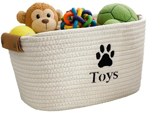 Haustier Spielzeug Aufbewahrungskorb Weiche Baumwolle Seil Gewebt Organizer | 13 x 9 x 7,5 in Beige Spielzeugkorb Hund, langlebige klappbarer Bin für Hund Katze Spielzeug, geräumig