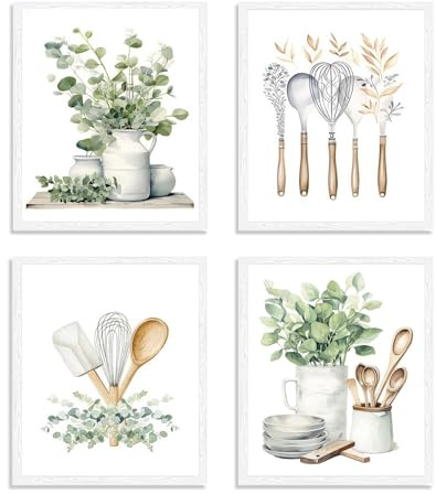 Komergave 4 Stück Botanische Wandbilder Küche, Bilder Küche mit Eukalyptus Design, Bilder Grün für Küchenwand & Esszimmer, 30 x 21cm A4 Leinwand Poster für Moderne & Landhausstil Dekor