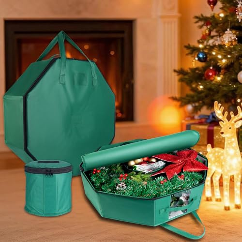 BrilliantJo 2er Pack Aufbewahrungstasche für Kränze Girlanden Weihnachtskränze Weihnachtsdekorationen große Aufbewahrungsbox mit Innentaschen Doppelreißverschluss Tragegriffen Sichtfenster 60cm Grün