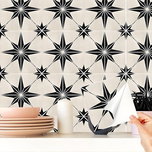 20 Pcs Black and Beige Tile Stickers, Self Adhesive Wall Tiles Sticker Tiles Stickers, 15x15cm Kitchen Backsplash Tile Sticker for Surround Fireplace Cooker and Bathroom
