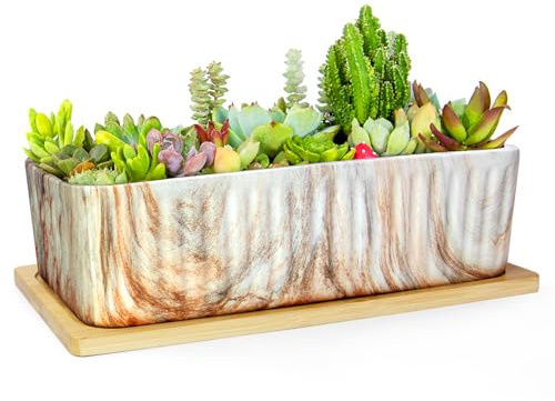 ARTKETTY Succulent Pots - Large Marble Succulent Planters with Drainage Tray, Window Sill Planter, Long Rectangle Ceramic Pots for Indoor Cactus Plants Shallow Bonsai Window Box for Home Garden Decor