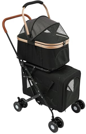 Carrito para perros de 2 pisos, 3 en 1, para mascotas, plegable, hasta 35 kg, para dos perros pequeños y medianos y gatos (negro)