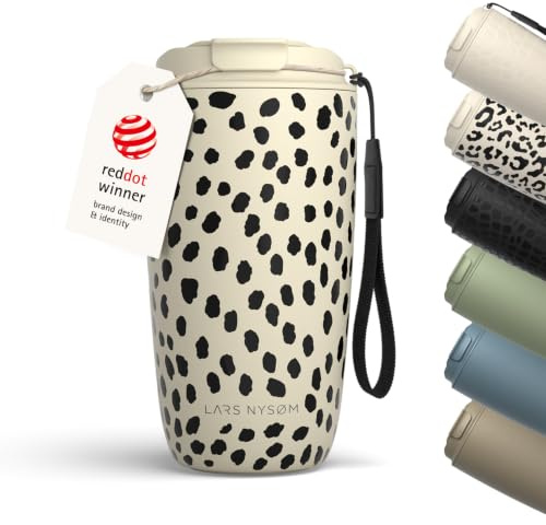 LARS NYSØM Taza térmica café para llevar con correa y Tapa | Termo Café de 0,5L con aislante | Travel mug con diseño de patrón de acero inoxidable a prueba de fugas (Beige/Abstract/Black, 500ml)