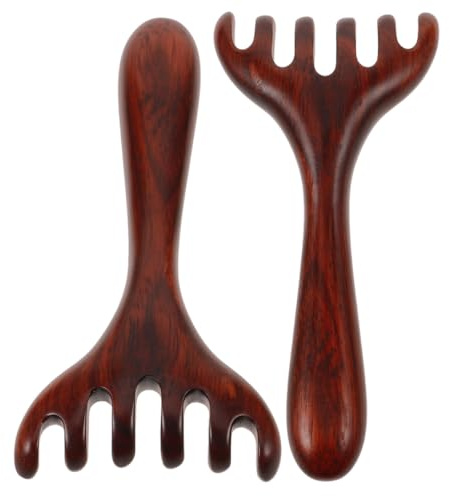 BAZEITFLOW Pettine da Massaggio Manico lungo Legno 2 Pezzi, Sei Artigli per Massaggio Meridiani e Testa, Dispositivo Portatile per Migliorare Circolazione Sanguigna e Alleviare Tensioni