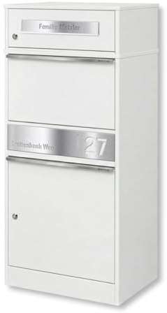 Metzler Paketbox mit 1 Briefkasten – Einzel-Briefkasten mit Paketfach & Namensgravur, personalisierte Blende aus Edelstahl – Outdoor Paketbriefkasten draußen XXL – Weiß – Modell Bispo