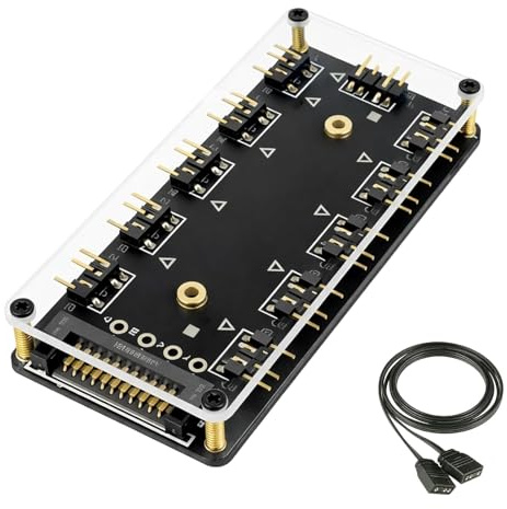 5V 3 Pin ARGB LED Hub, 1 Bis 10 Ports, Addressable RGB Verteiler mit SATA Stromversorgung und 3 Pin Verlängerungskabel, ARGB Splitter Controller für PC Lüfter, LED Strips Mainboard Sync Beleuchtung