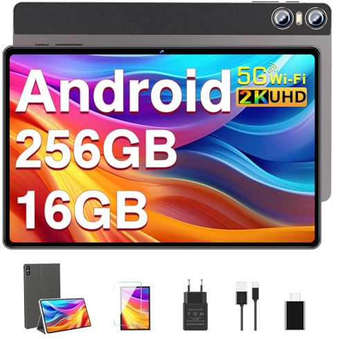 BIEGEDY Tablet 11 Pulgadas Pantalla 2K PC 16GB RAM + 256GB ROM + TF 1TB, 10000 mAh/Octa-Core 2.0 GHz / 8MP+20MP+2MP Macro/ 2000 * 1200 Pixels / 5G WiFi/BT5.0/ Tablet con Funda Marrón