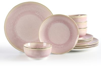 Sweejar Home Dinnerware Sets Service for 4, 12 pcs Porcelain Plates and Bowls for Kitchen, Housewaring Gift, Chip and Scratch Resistant Dish Set, Handmade Dishwasher and Microwave Safe Plate Set, Pink