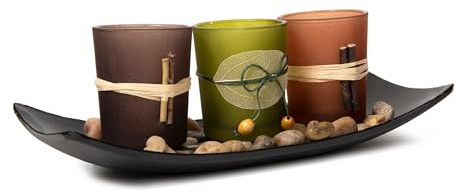 Dawhud Direct Decorative Votive Candle Holders, Vintage Decor Flameless Candlescape Set, 3 LED Tea Light Candles, Rocks and Tray - Fall Table Decor (Earth Tones)