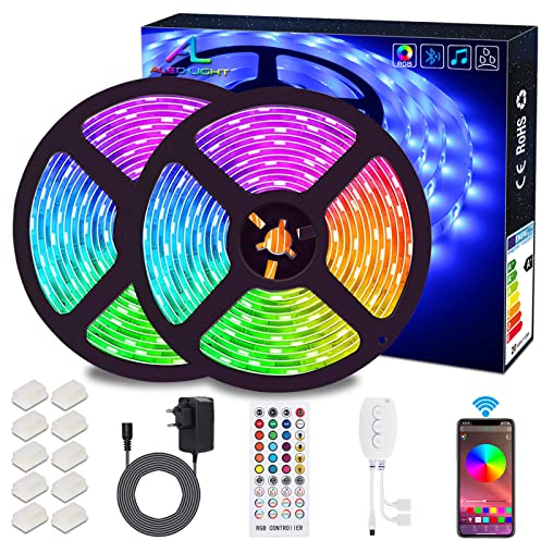 Striscia LED 10m Musicale, ALED LIGHT Nastri Led Bluetooth RGB 12V, con Controller Bluetooth + Telecomando, Strisce Led per Smartphone Android e IOS Controllo APP, per Casa, Festa, TV, Decorazione