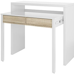 Ausziehbarer Konsolenschreibtisch mit zwei Schubladen, Eiche und weiße Farbe, Maße 98 x 87 x 36 cm (ausziehbar bis 66 cm)