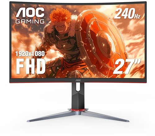 AOC C27G2Z 27 Curved Frameless Ultra-Fast Gaming Monitor, FHD 1080p, 0.5ms 240Hz, FreeSync, 2x HDMI 2.0, 1x Display Port, Height Adjustable, Xbox PS5 Switch Ready, 3-Year Zero-Bright-Dot