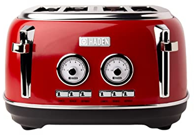 Haden Jersey Red Toaster 4 Slice - Retro Stainless Steel Design with Reheat, Defrost, Self-Centering Functions, Customizable Browning Control - 1370-1630W, 220-240V - Elegant Kitchen Appliance
