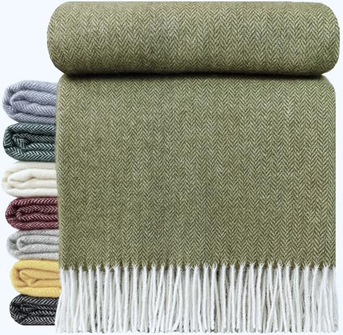 STTS International Wolldecke 100% Schurwolle Wohndecke in versch. Farben 140 x 200 cm Tagesdecke Schurwolldecke Woll-Plaid Tirol (A Olive, 140 x 200 cm)